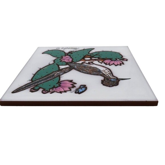 Ceramic Art Tile Cleo Teissedre 1992 Roadrunner on Cactus Coater Trivet Italy - Picture 5 of 7